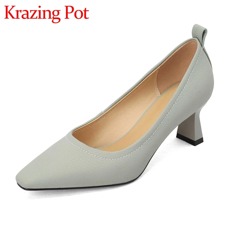 

Krazing pot full grain leather small square toe high heels concise style young lady dress shallow slip on brand women pumps L03