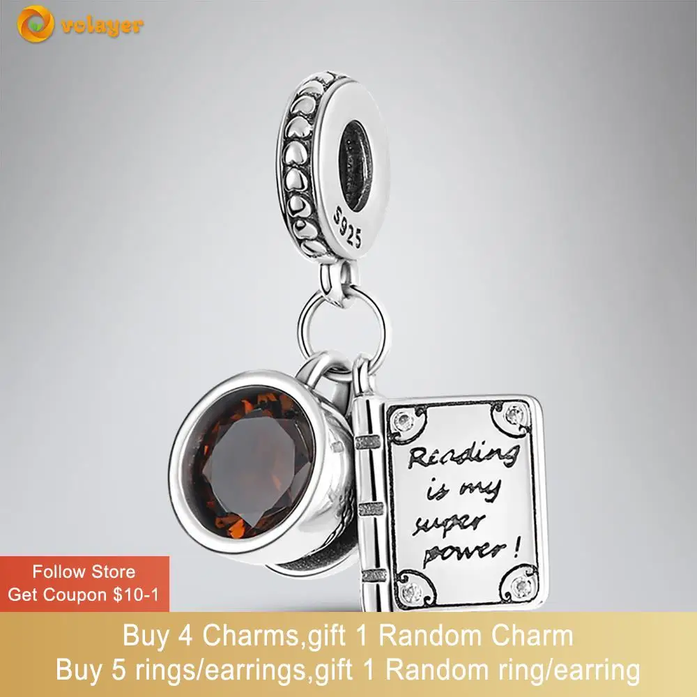 Volayer 925 Sterling Silver Beads Book And Coffee Cup Charm fit Original Pandora Bracelets for Women Jewelry Making Gift