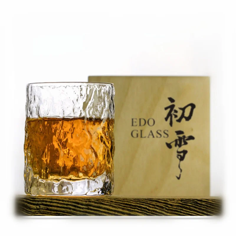 Retro Round Heavy Bottom Whisky Glass First Snow Tree Grain Mojito Cocktail Cup Whiskey Liquor Wine Glasses With Wooden Gift Box