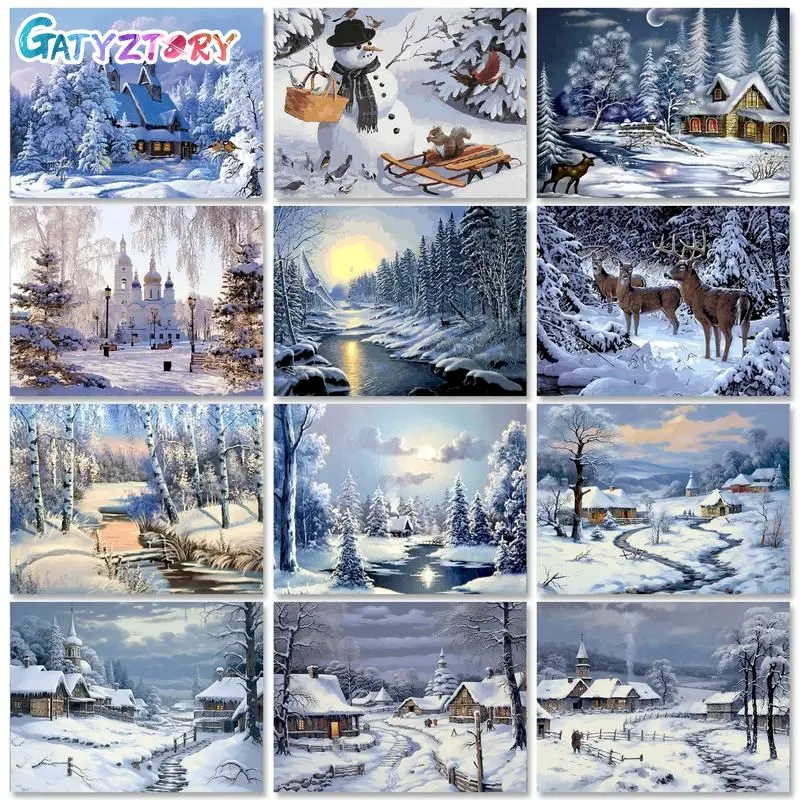

GATYZTORY 40x50cm Painting By Numbers Kill Time Snow Countryside Wall Art Handpainted On Canvas Diy Set Pictures On Numbers