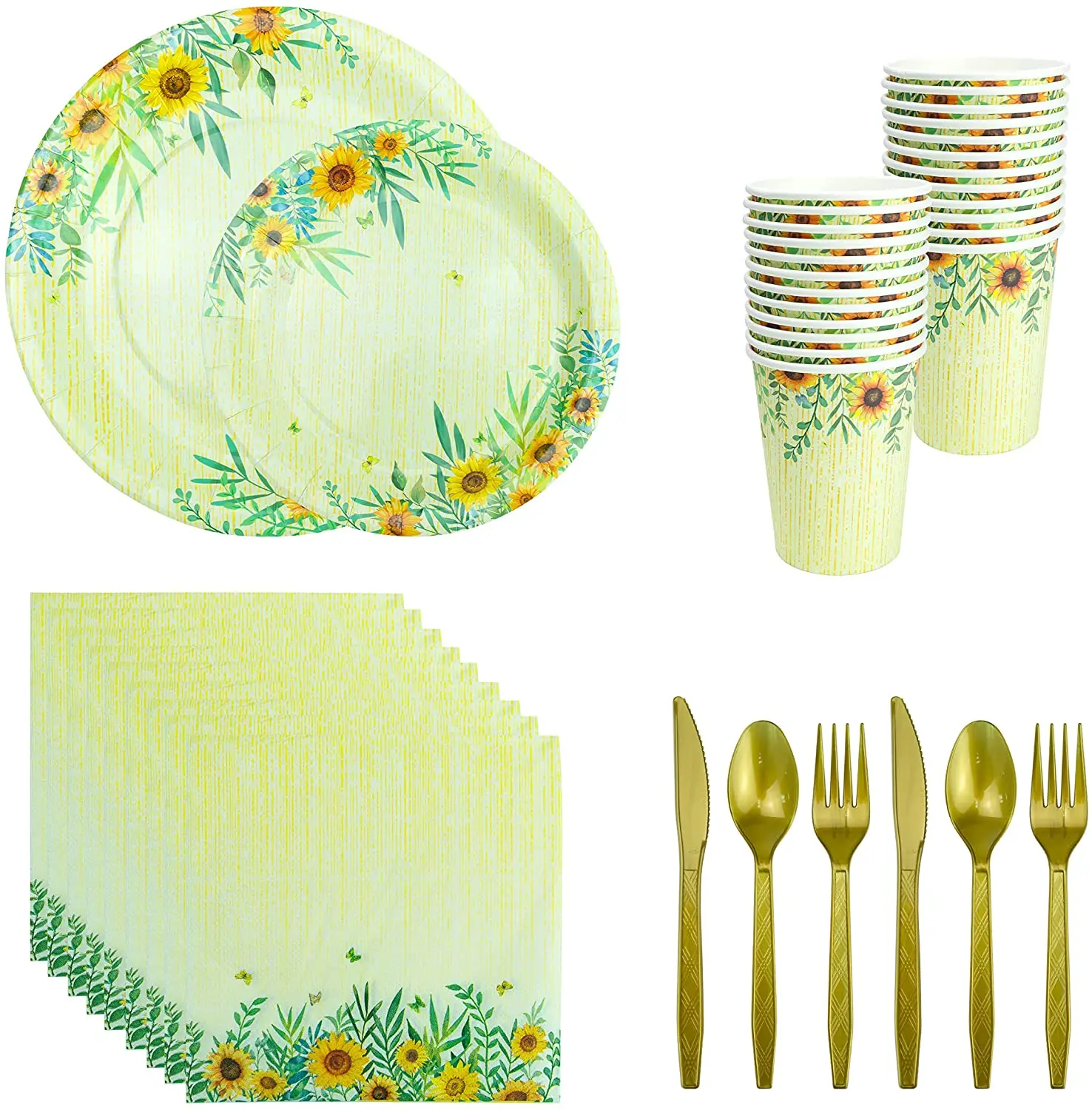 

24 Sets Sunflower Graduation Party Disposable Tableware Sets Summer Birthday Cup Paper Napkin Plates Spoon Fork Knife Supplies
