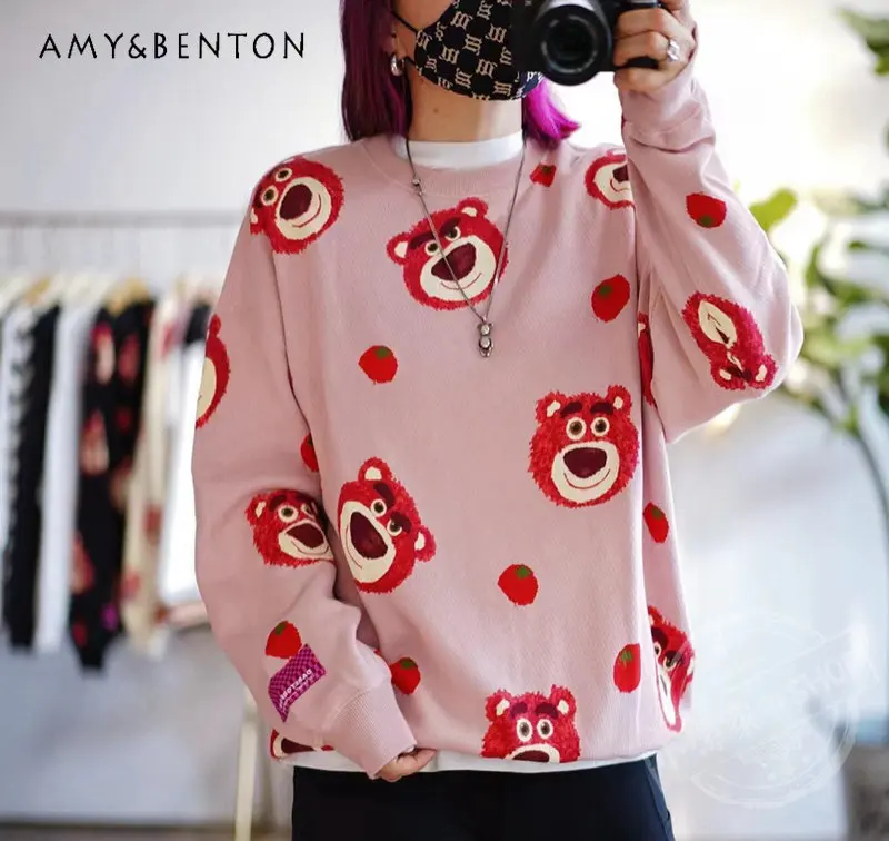 Women's Casual Cartoon Printed Sweatshirt Cotton Terry BF Full Printed Loose Tops Female Round Neck Pullover Tops for Ladies