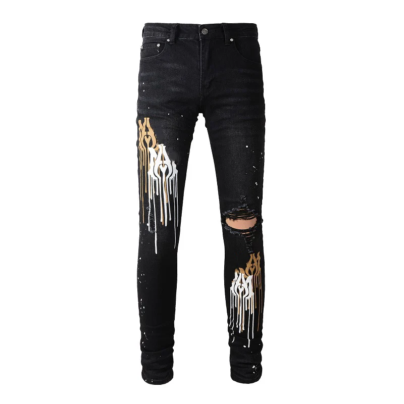 

Men's Black Distressed Streetwear Fashion Style Slim Letter Painted Damaged Hole Skinny Stretch Graffti Ripped Jeans