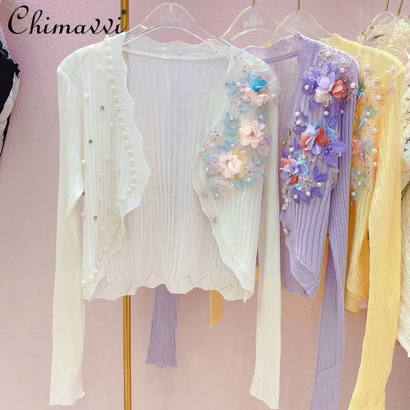 

2022 Spring New Fashion Shawl Fairy Three-Dimensional Flower Heavy Beads Cardigan Sweet V-neck Single Breasted Knitted Tops