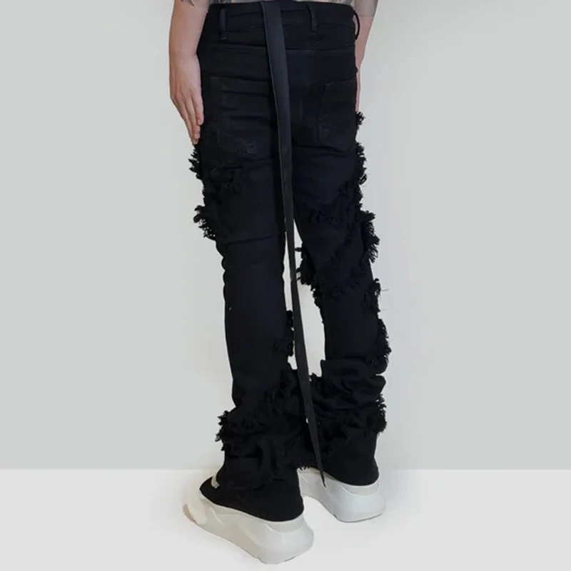 Ro ленты кисточки высокая эластичность черные джинсы для мужчин Pantalones Hombre прямые