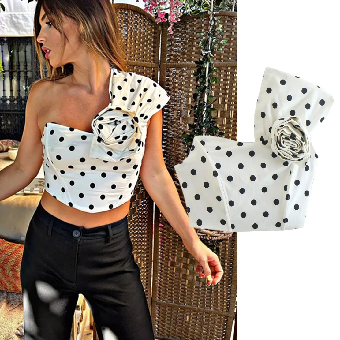

Elmsk Ins Blogger High Street Retro Polka Dot Camisole Flower Pleated Single Shoulder Crop Tops Tshirt Women