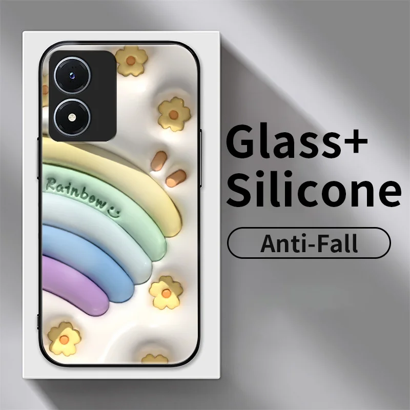 

Glass Phone Case for vivo Y02s Y11 Y12i Y15A Y10 Y15 Y16 Y17 Y19 Y3S U3 U10 iQOO U5X Cases Blossom Rainbow Shockproof Cover