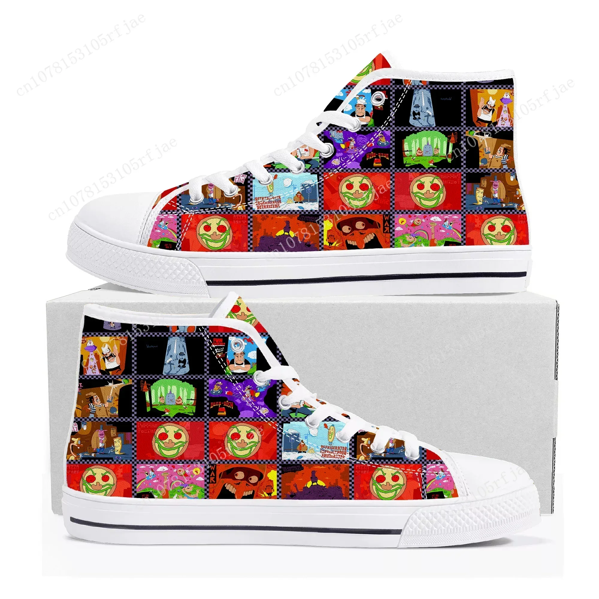 Фото Кроссовки Pizza Tower High Top с мультяшным принтом для мужчин, женщин и подростков, высококачественные модные повседневные кеды из канваса, изготовленные на заказ №2