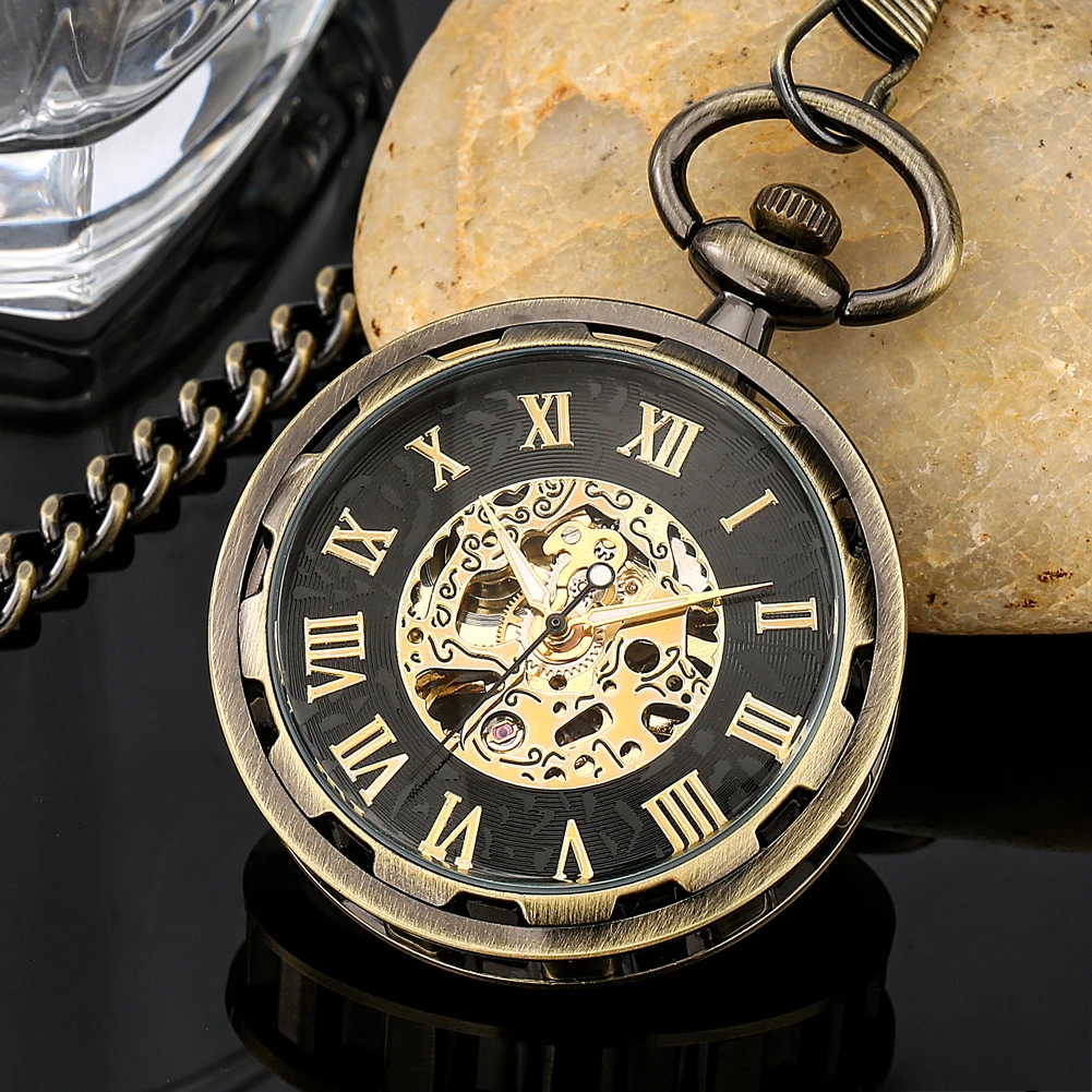 Hand-Wind Mechanical Pocket Watch Skeleton Roman Numeral Dial Vintage Black/Bronze/Silver Pendant Clock for Men Birthday Gifts