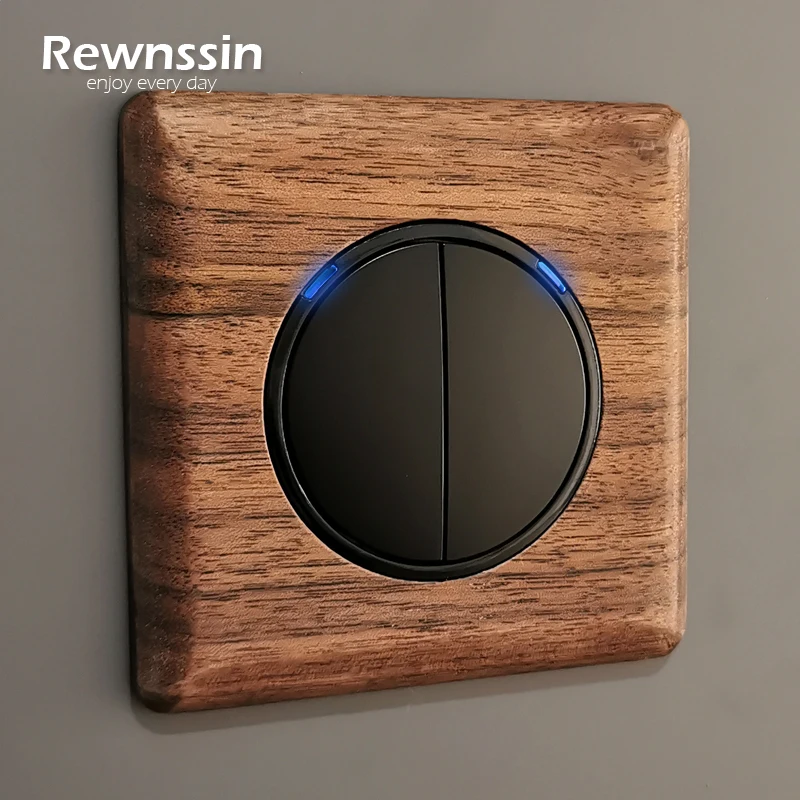 

Rewnssin Random Click Light Switches With LED,1 2 3 4 Gang 1 2 Way Push Botton On Off Black Walnut Wood Retro Style Wall Socket