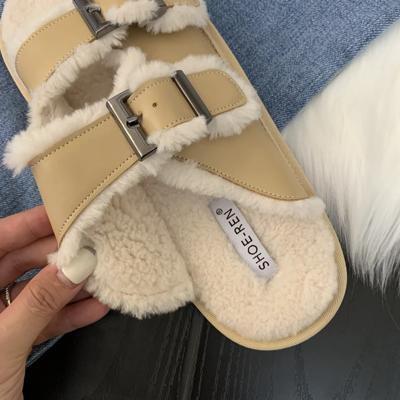 Outdoor maomao shoes that occupy the home of new fund of 2022 autumn winters is ms lamb fur buckles a leather slippers slippers