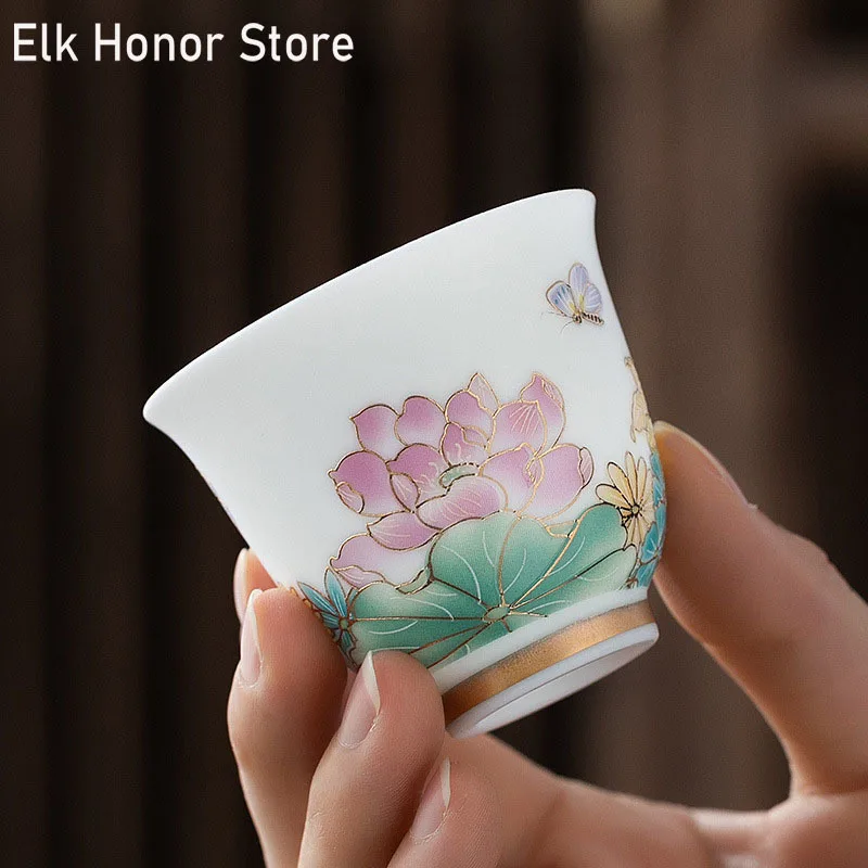 2pc/lot 45ml Hand Painted Lotus Art Ceramic Tea Cup Jingdezhen Single Cup Kung Fu Tea Master Cup Household Water Cup Drinkware