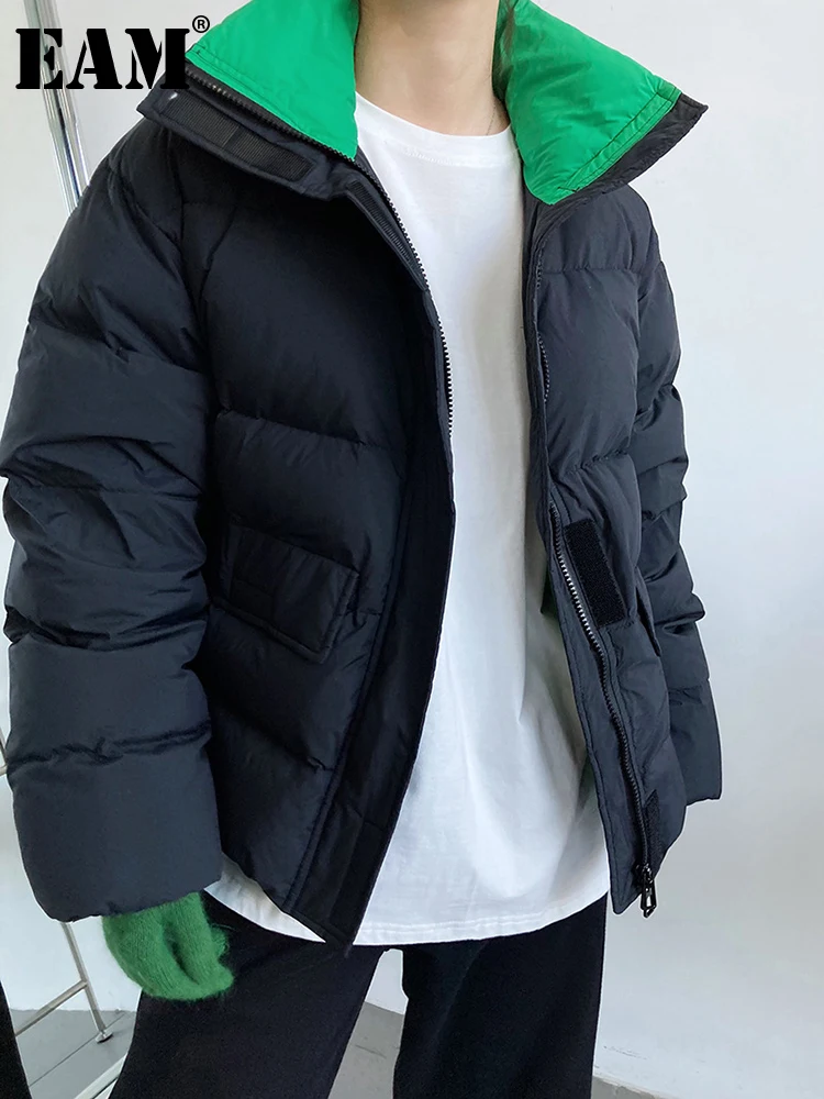 

[EAM] Loose Fit Black Color-block Warm Down Jacket New Hooded Long Sleeve Warm Women Parkas Fashion Autumn Winter 2023 1DF0418