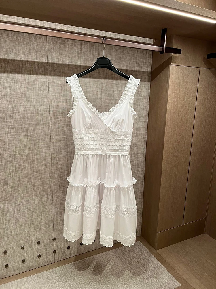 

Bearomad Fashion Women Summer White Elegant Knee Length Dress Solid Color Sexy Deep V Neck Stretch Waist Slim Party A-Line Dress
