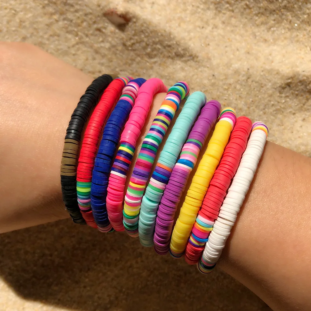 

1Pc Bohemia Colorful polymer Clay Bracelet for Women Adjustable Elastic Soft Pottery Female Bracelet Summer Beach Jewelry Gifts