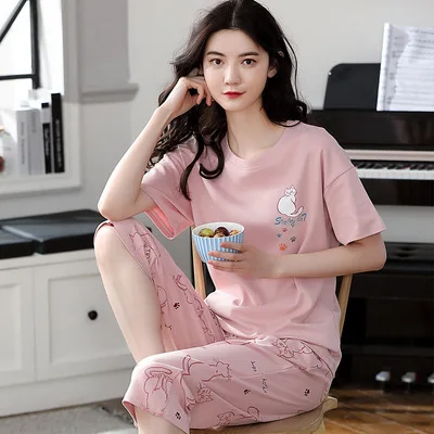 Cotton Pajamas Women's Summer Short Sleeves Shorts Thin Suits Women's Cartoon Round Neck Loungewear Kawaii Pajamas Plus Size 5XL