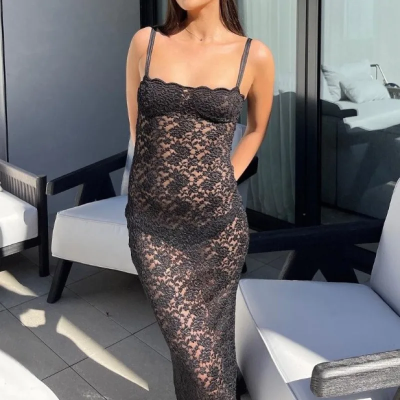 

Women Black Slip Long Dresses Fashion One Shoulder Sexy See Through Lace Slim Evening Dress Female Casual Beach Holiday Clothes
