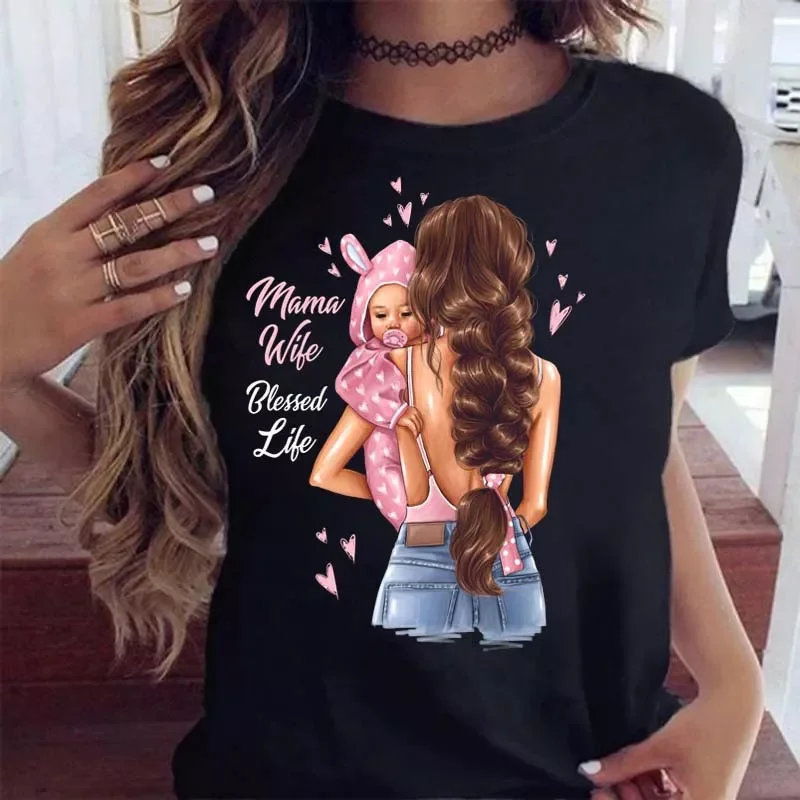 

2022NEW Short Sleeve Cartoon Love Cute Mama Mom Mother Fashion Clothes Print Tshirt Female Tee Top Ladies Graphic T-shirt
