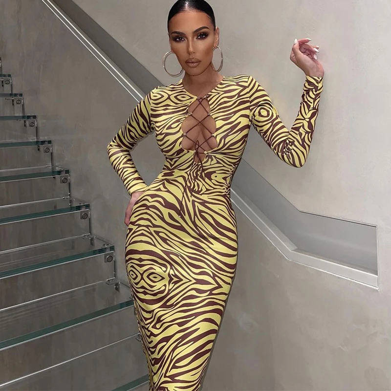 

New Fashion 2022 Spring Chest Hollow Out Striped Long Sleeve Dress Women Streetwear Clubwear Casual Urban Bodycon Midi Dresses