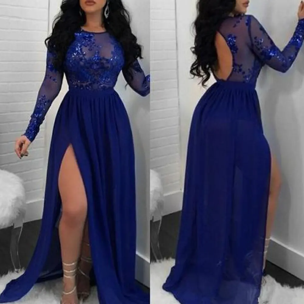 

SuperKimJo Royal Blue Cheap Prom Dresses Long Sleeve Lace Applique Elegant Chiffon A Line Prom Gown Vestido De Gala