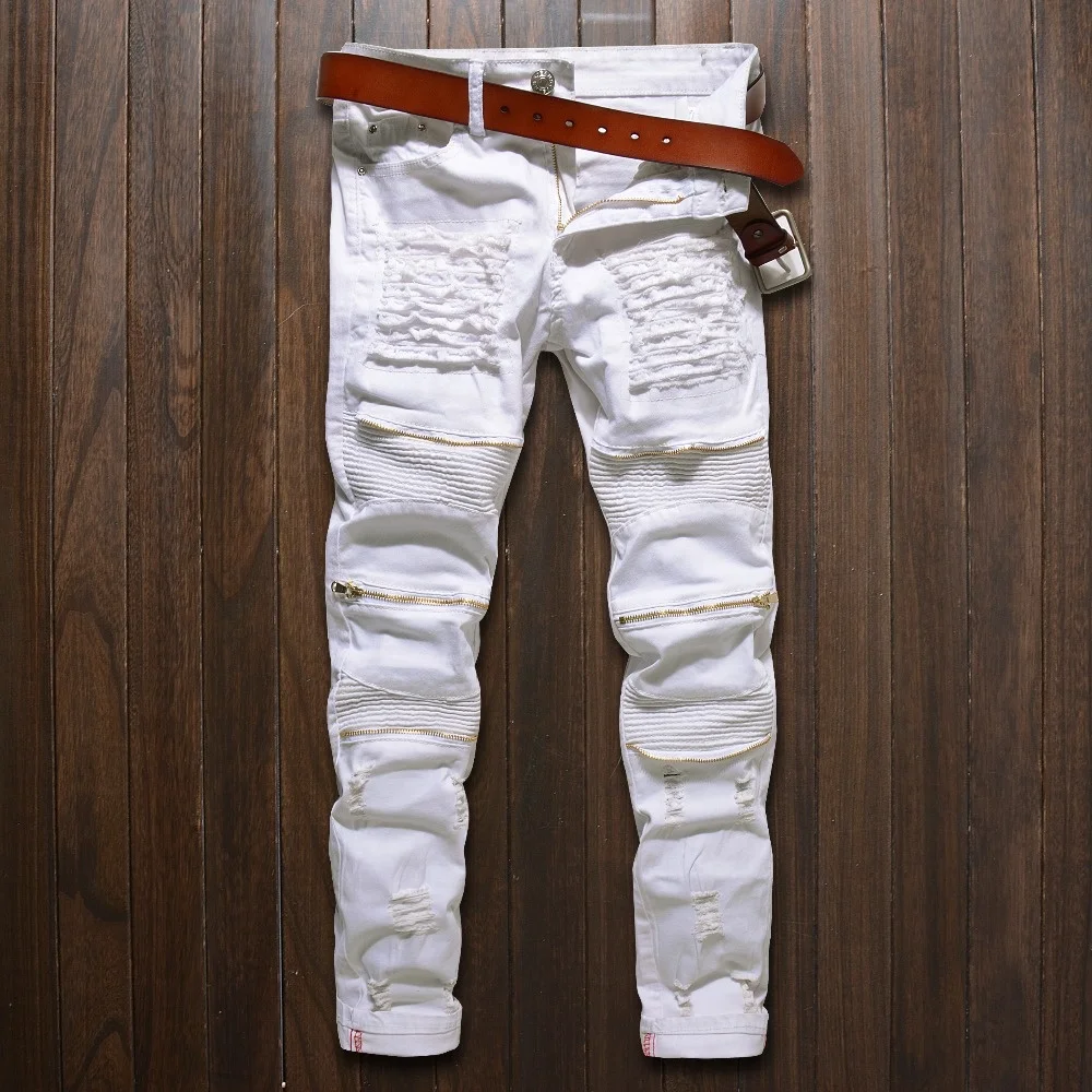 

Skinny jeans men White Ripped Knee zipper Fashion Casual Slim fit Biker jeans Hip hop destroy Stretch Denim pants Motorcycle