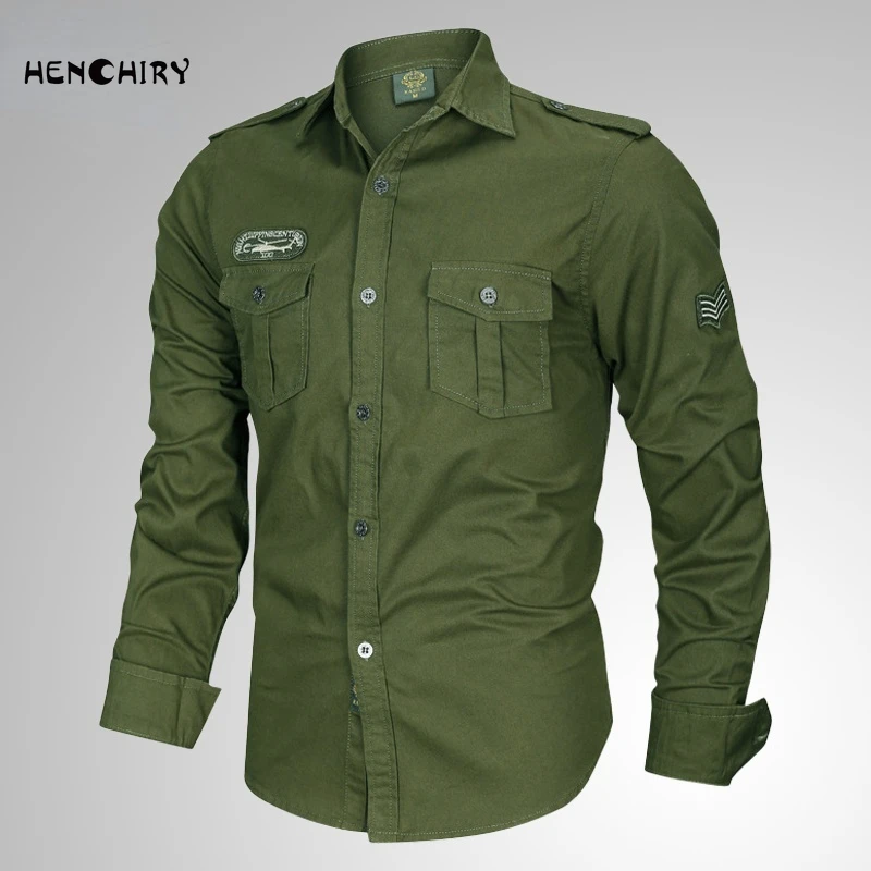 

HENCHIRY2022 New Spring and Autumn Long-sleeved Shirt Men's Casual Lapel Men's Military Shirt Fashion Solid Color Button Top
