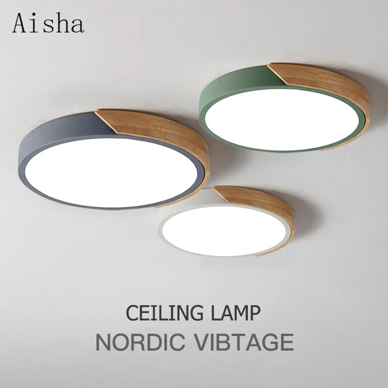 LED Ceiling Lights Modern Nordic Round Lamp Wooden Home Living Room Bedroom Lustre Lamp Mounted Lighting Fixture Remote Control