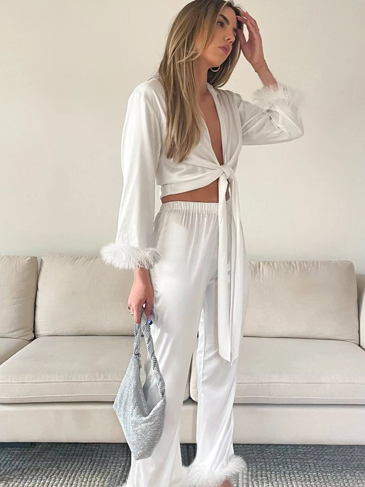 

Пижама Linad с перьями для женщин, комплект из 2 предметов, белая пижама с длинным рукавом, женские повседневные брючные костюмы, летняя модная ночная одежда