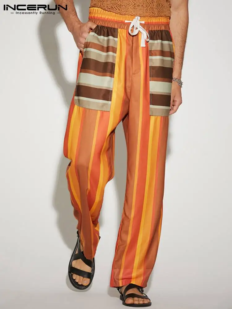 

INCERUN Men Pants Striped Patchwork Drawstring Joggers Streetwear 2022 Loose Casual Trousers Men Pockets Leisure Pantalon S-5XL