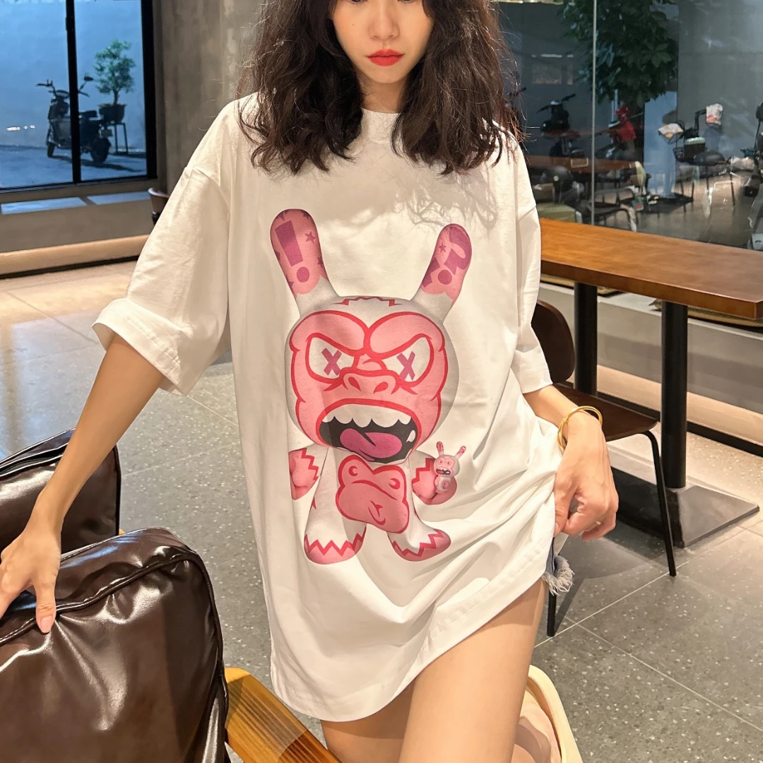 

153107 Fashion Classic Trendy Luxury Design Summer New Casual O-neck Pink Fierce Rabbit Short Sleeve T-shirt Woman Man A2