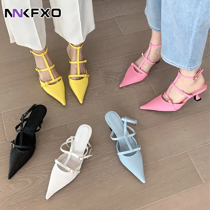 

2022 Fashion Women Sandals Pointed Toe Summer Slides Black White Blue Pink Yellow Dress Party Thin Low Heels Casual Narrow Band