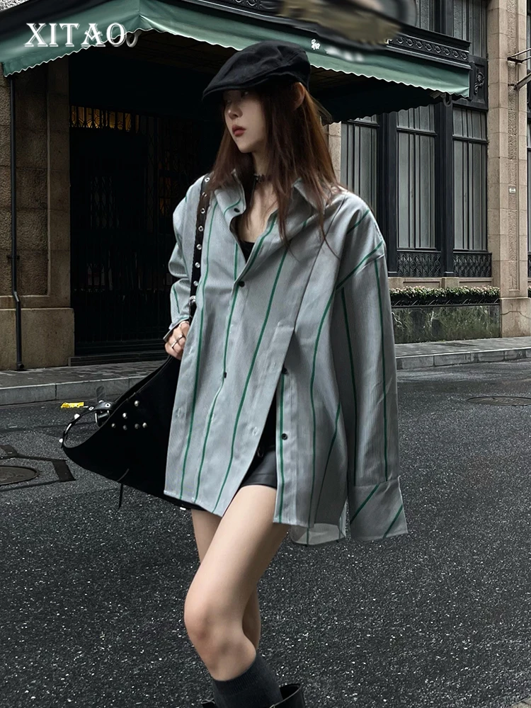 

XITAO, модная женская рубашка в полоску, свободная, простая, с длинным рукавом, верх со щелью, осень 2023, новая, уличная, модная, универсальная рубашка DMJ2829