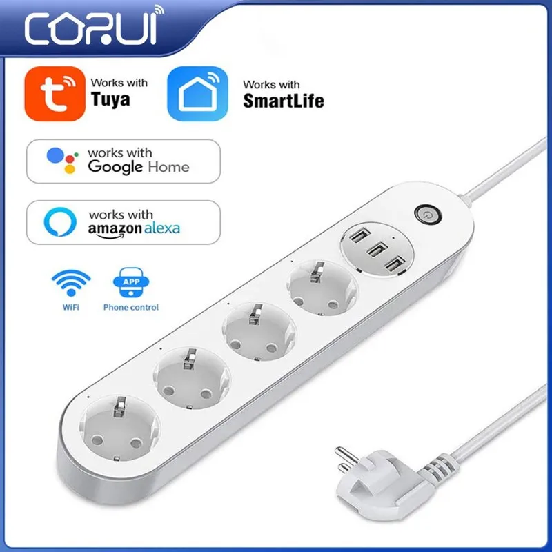 

CORUI Wifi Smart Power Strip EU Outlets Plug Tuya Smart USB Charging Port Timing App Work with Alexa Google Home Assistant