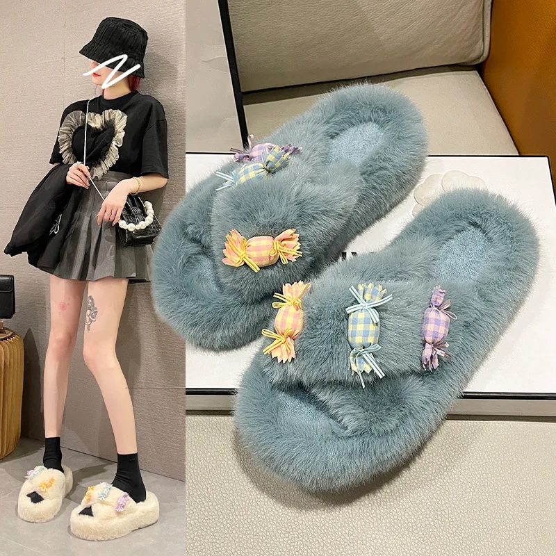 Open Toe Fluffy Slippers Women Winter Warm Flat Shoes Multicolored Faux Fur Outdoor Slippers Cross Plush Flip Flops Woman