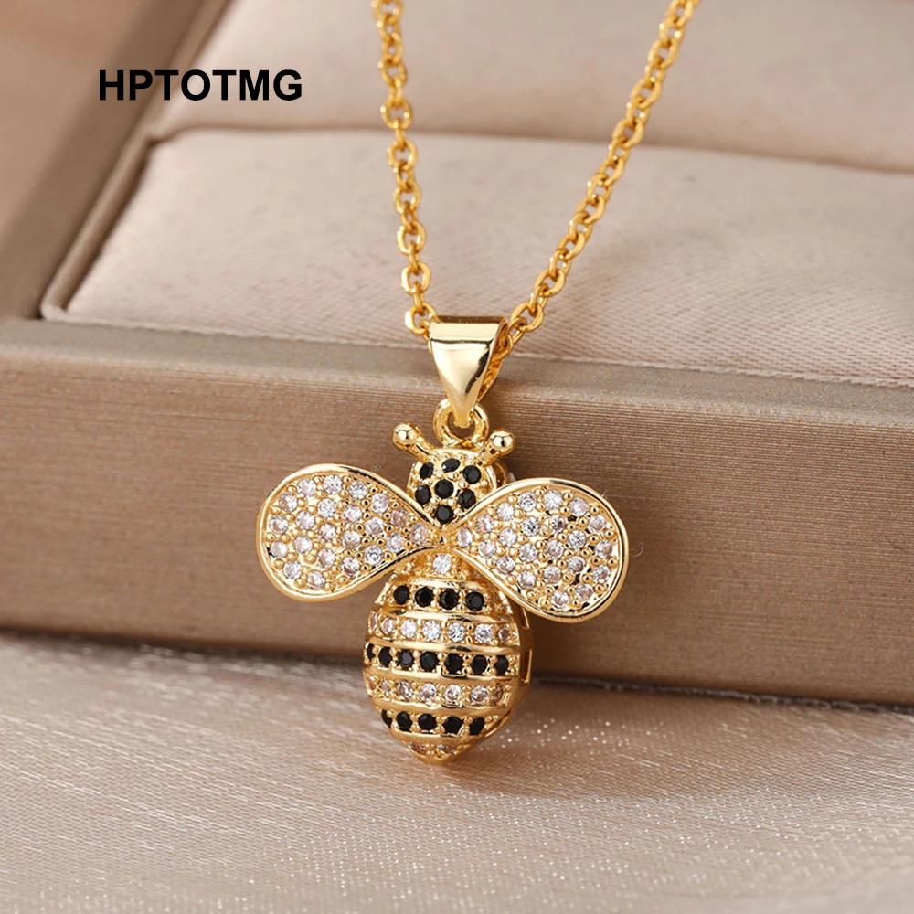 

Cute Zircon Bee Pendant Necklaces for Women Goth Vintage Bee Choker Necklace Stainless Steel Jewelry Valentines Day Gift