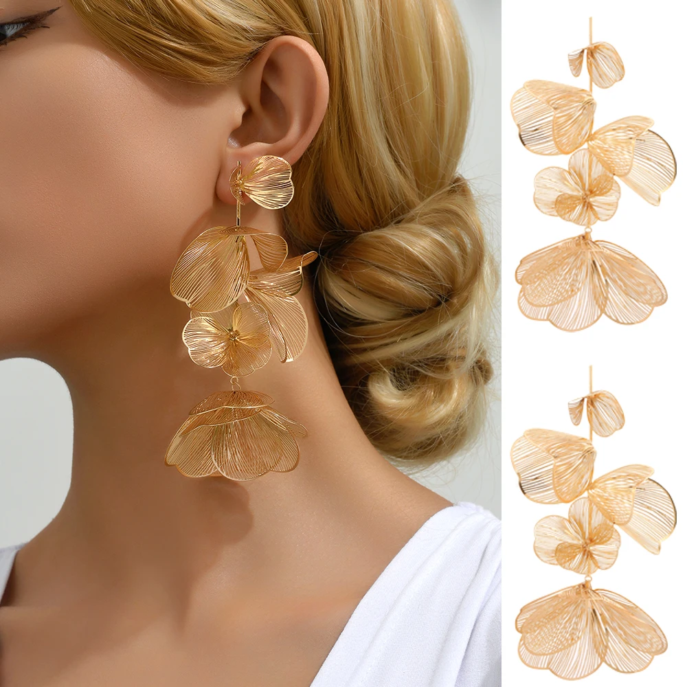 

Fashion Luxury Design Charm Metal Flower Decor Dangle Drop Earrings For Women Trend Unusual Original Party Jewelry Accessories