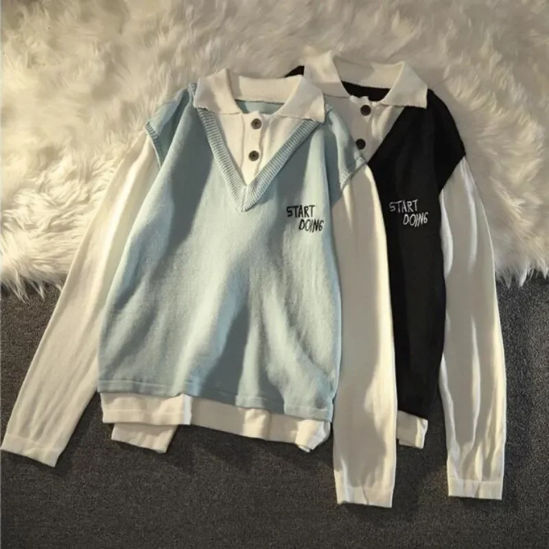 

NEW 2023 Preppy Style Patchwork Women Sweater Japan New 2022 Spring Fashion Letter Student Knitted Jumper Loose Long Sleeve Tops