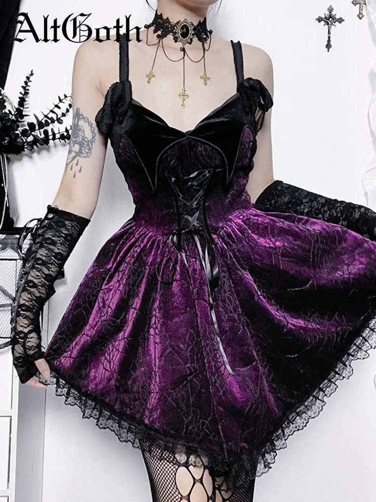 

AltGoth Gothic Dark Lolita Dess Women Fairycore Grunge Kawaii Lace Patchwork High Waist Bandage Corset Dress Y2k Emo Alt Outfits
