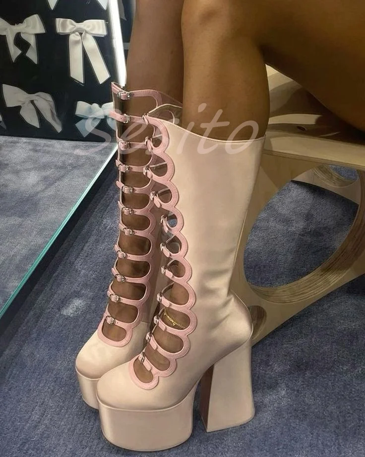 Высокие сапоги до колена на платформе с ремешками и застежкой-молнией