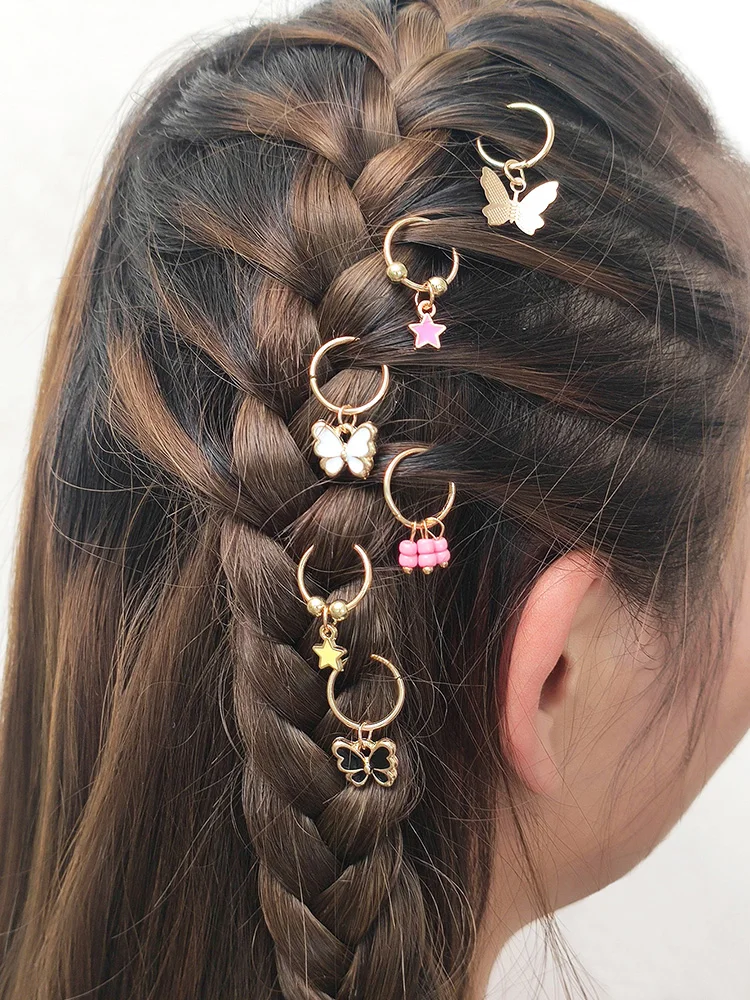 6Pcs Butterfly Star Pendant Hair Clip For Women Braid Trendy Metal Hair Rings Western Style Hair Accessories Girls DIY Headdress