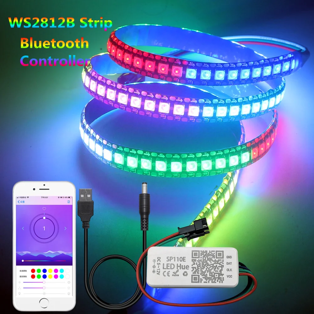 LED Strip Light  WS2812B Bluetooth RGB 5050 Flexible Addressable Lamp Tape Rainbow-like Effect With SP110E Bluetooth Controller