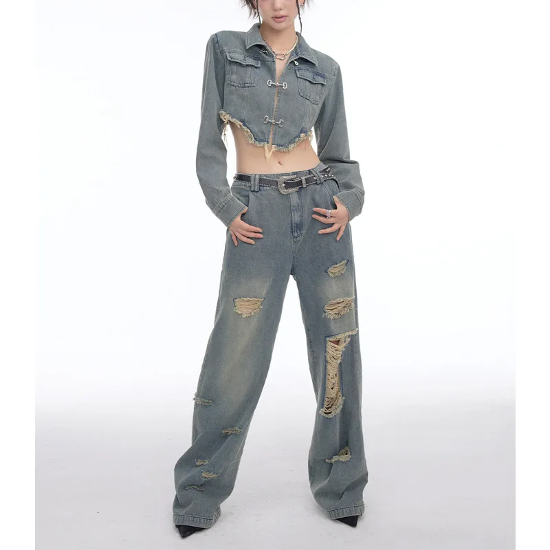 2022 New Fashion Autumn Fashion Denim Suit For Women Shorts Denim Top Jacket Y2K Cloth Ripped Jeans Sweetyhot Girl High Street