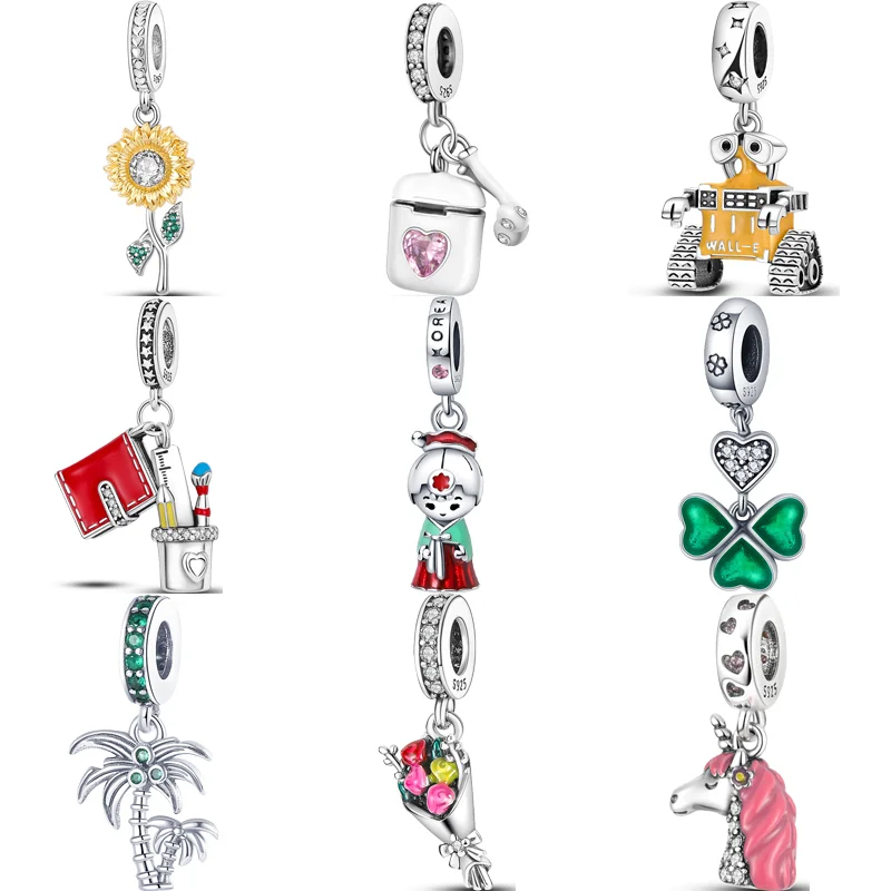 

925 Silver Sunflower Headphones Coconut Tree Bouquet Unicorn Clover Pendant Fit Original Pandora Charm Bracelet Bead DIY Jewelry