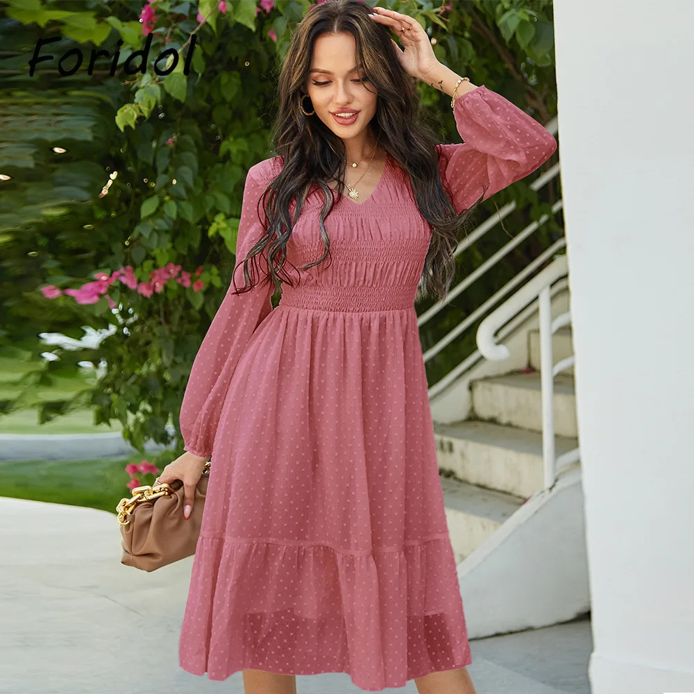 

2021 Women Chiffon Dot Spring Dress Fall Ladies Fashion Elegant Solid A-Line Dress Female Vintage Long Sleeve Casual Long Dress