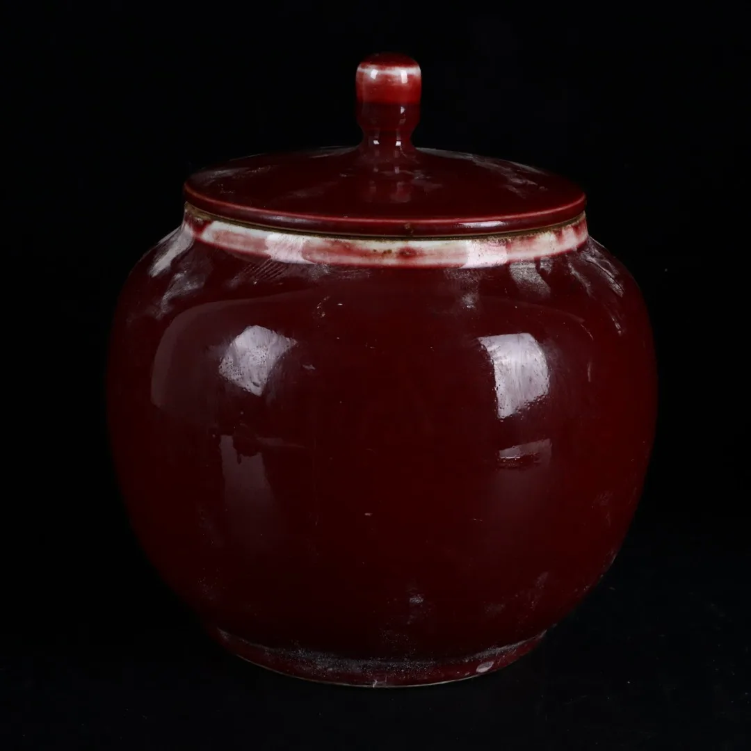 

6"Chinese Folk Collection Old Porcelain color glaze red lid jar general jar storage jar ornament Town house Exorcism