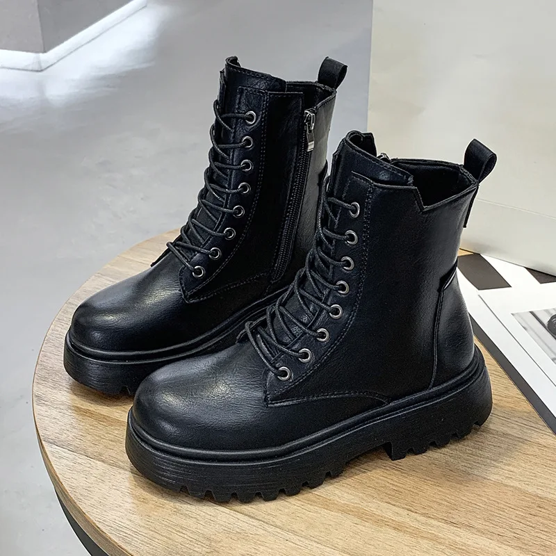 

PU Leather Army Combat Ankle Boots Women 2021 Autumn Winter Gothic Platform Shoes Ladies Black Lace Up Short Motorcycle Boots