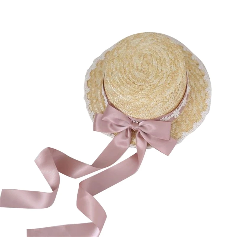 

TeaParty SunHat Wide Brim Straw Boater Hat Women Ribbon Straw Hat Summer Straw Beachs Hat Bows Straw Hat SunHat