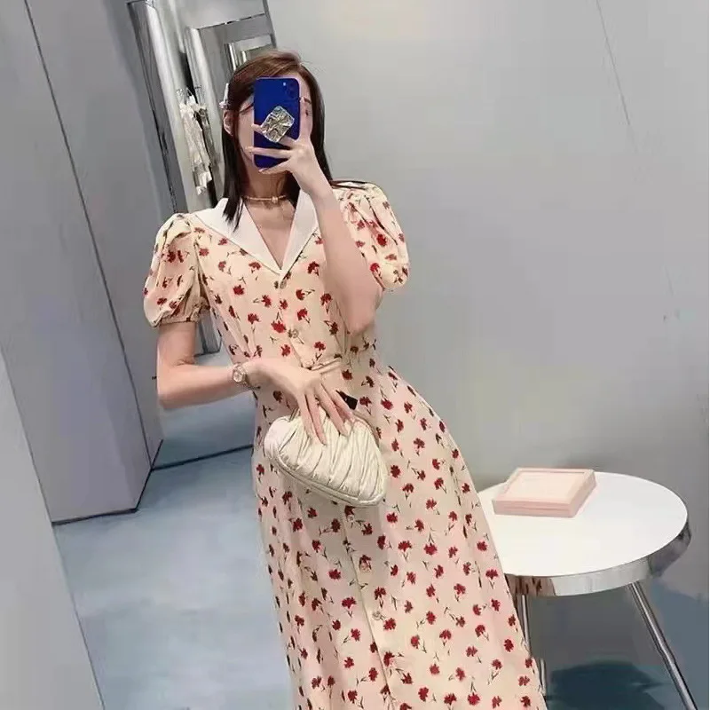 

Summer 2022 Silk Dress Women Sailor Collar Puff Sleeves Single Breasted Slim Fit Slim A-line Midi Dress Fresh And Sweet New