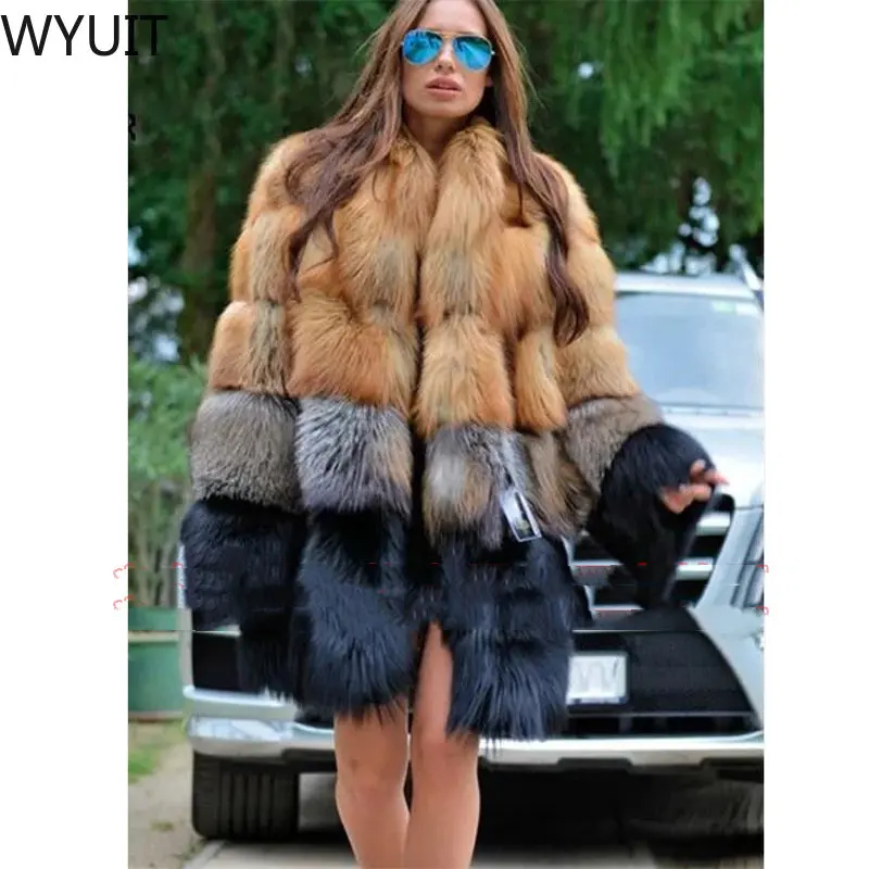 Women Long Faux Fur Coat Winter Fashion Large Size Thick Warm Fur Jacket Yellow and Black Contrast Stitching Fur Coat Lugentolo