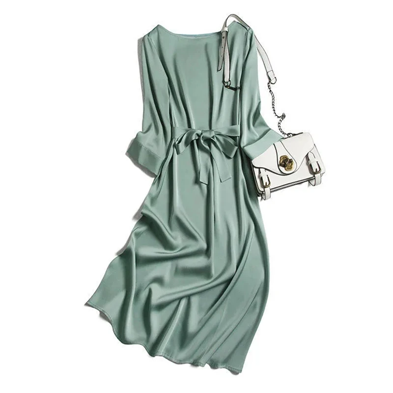 

2022 New Fashion High Quality Women's Dress Summer Short sleeve Simple Satin Dresses Elegant bandage Midi-Long Dress